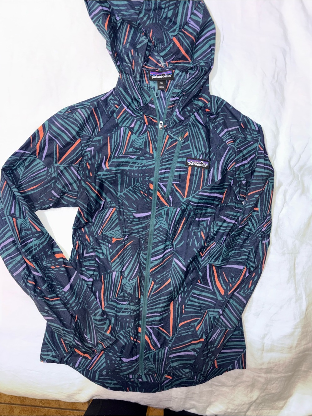 Patagonia Women's Hooded Raincoat - Teal, Purple & Coral Pattern